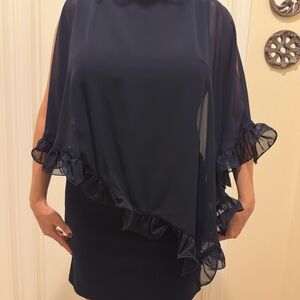 Xscape Cocktail Dress Navy Blue Shift Dress Sheer Ruffle Overlay Formal Size